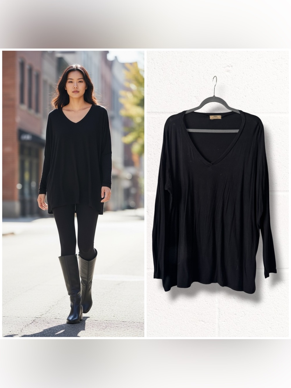 Piko Black V-Neck Long Sleeve Oversized Tunic Top